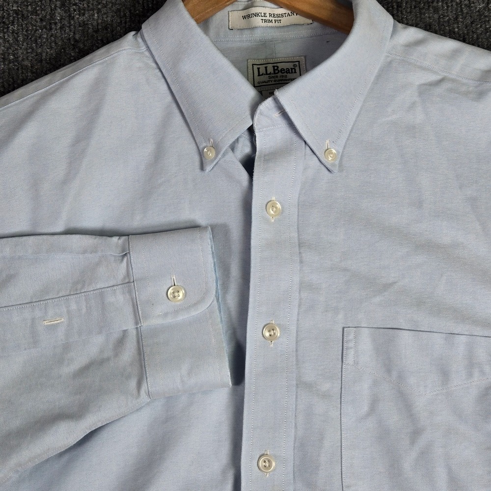 L.L. Bean Dress Shirt Mens 16-32 256513 Blue Wrinkle Resistant Button-Down Trim - Picture 2 of 14